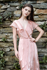 Alexandra V Neck Layered Ruffle Organza Midi Dress